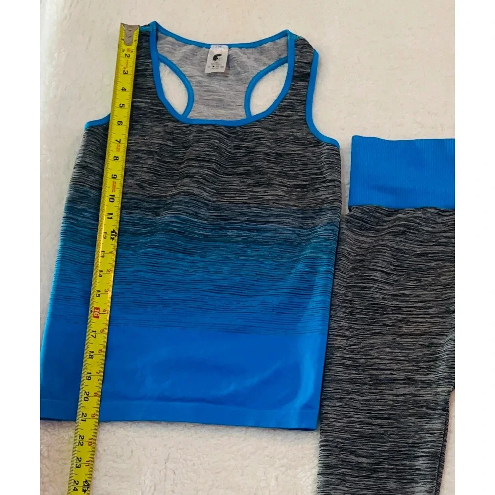FC Activewear Womens Blue Grey Ombre Space Dye Seamless Tank and Leggings Set